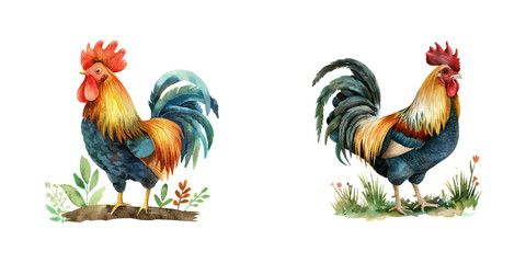 cute rooster watercolor vector illustration