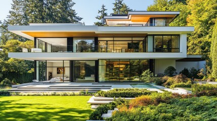 Modern house exterior with large windows