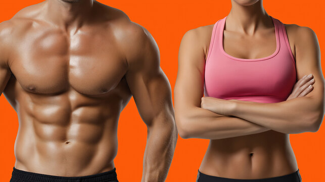 Fit bodies: muscular male and female athletes in sportswear on orange background - Powered by Adobe