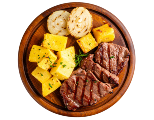  Carne de Sol with Cassava and Onion on Wooden Plate, Top View, Isolated on Transparent Background