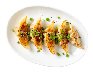  Steamed Gyoza with Sesame and Scallions on Oval White Plate, Angled Overhead View, Isolated