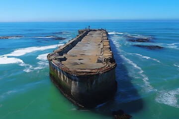 Abandoned concrete pier stretches into ocean waves with clear blue sky above on bright day