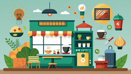 Vector art of a charming flat design illustration of a cozy cafe interior with outdoor seating and various decorative elements