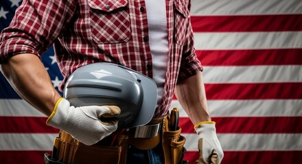 Construction worker holds a helmet in front of an american flag
