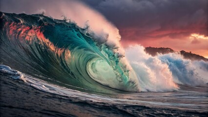 Powerful ocean waves crashing against the shore, illuminated by a vibrant sunset sky filled with dramatic clouds and warm colors