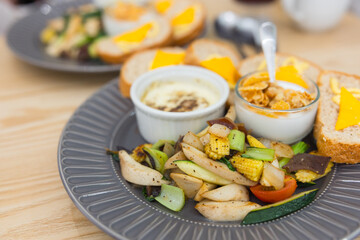 Healthy morning breakfast with toast and vegetables