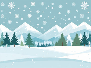 Fototapeta premium Flat vector illustration of a winter landscape with snow-covered mountains, pine trees, and falling snowflakes against a light blue sky.