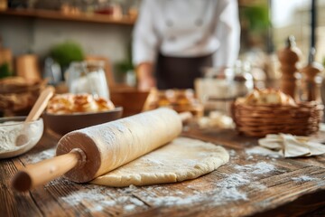 wooden surface with rolled pastry dough, rolling pin