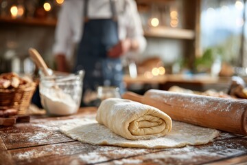 wooden surface with rolled pastry dough, rolling pin