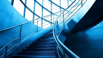 A blue tone staircase with metal railing leads upwards toward a window filled background