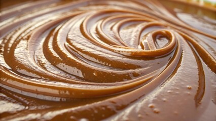Creamy dulce de leche swirling in a close up shot, creating a visually appealing textured background
