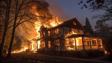 Intense wildfire consuming residential structure, revealing raw environmental devastation under dark nocturnal sky