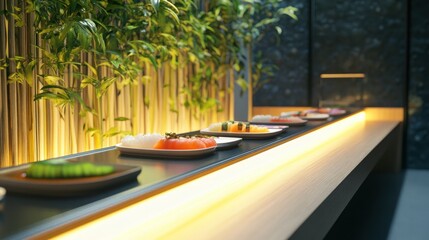 Sushi display at restaurant bar