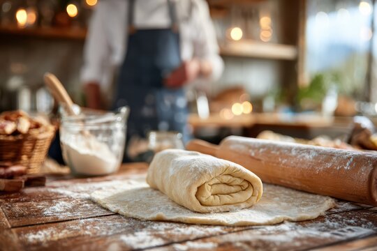wooden surface with rolled pastry dough, rolling pin - Powered by Adobe