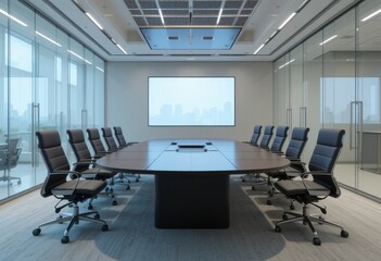 Amplia sala de conferencias con paredes de vidrio, una elegante mesa ovalada y una pantalla inteligente de alta resolución para presentaciones de video