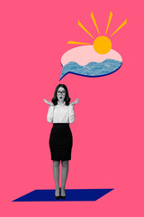 3d trendy image photo art collage of shocked girl dream bubble water beach sand summer relax...