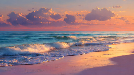 Fototapeta premium Closeup sea sand beach. Panoramic beach landscape. Inspire tropical beach seascape horizon. Orange and golden sunset sky calmness tranquil relaxing sunlight summer mood. Vacation travel holiday banner