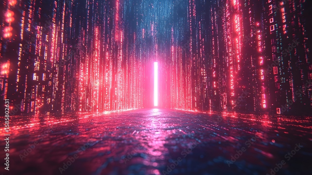 Aufkleber neon matrix style data stream in a futuristic digital tunnel