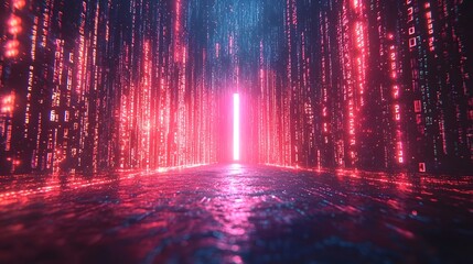 Neon matrix style data stream in a futuristic digital tunnel