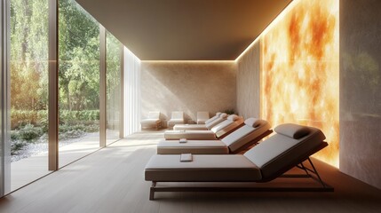 Modern spa lounge with garden view