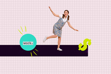 Banner pop collage of person stand dance on pink background with circle work dollars sign