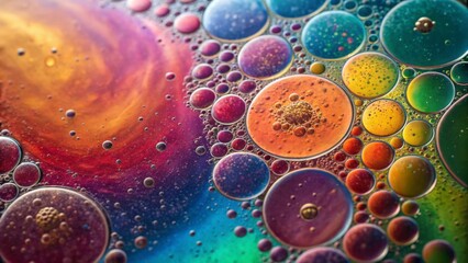 Oil droplets creating colorful bubbles on water surface, forming an abstract and vibrant background
