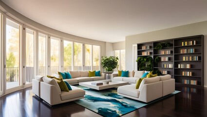 High dynamic range hdr photography showcasing elegant exterior details of modern luxury house with warm interior lights and lush landscaping captured at twilight, living room