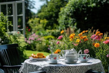 Outdoor dining with flowers and breakfast on table