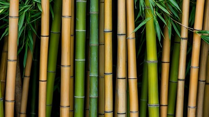 Fototapeta premium Fresh and dried bamboo stems in various shades of green and brown with lush leaves, creating natural pattern for zen and spa atmosphere backgrounds.