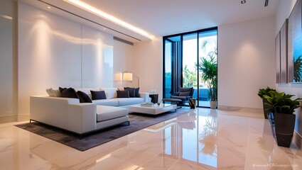 High dynamic range hdr photography showcasing elegant exterior details of modern luxury house with warm interior lights and lush landscaping captured at twilight, living room