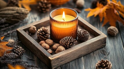 Burning candle on a rustic wooden tray surrounded by pinecones and nuts- creating a cozy- autumn atmosphere with warm- inviting tones.