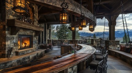 Rustic outdoor patio bar area with fireplace