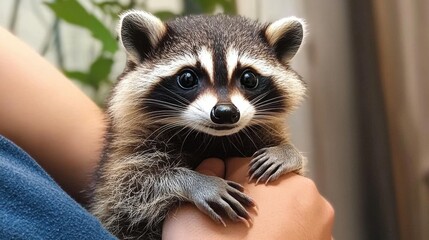Cute raccoon being held by a person- showcasing its wide eyes and fluffy fur- highlighting the charm and curiosity of this adorable wild creature.