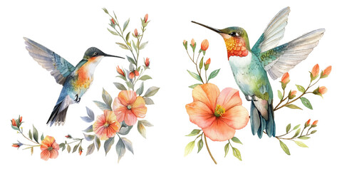 floral hummingbird watercolor vector illustration © Dar