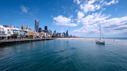 Sailboat near city beach and urban skyline
