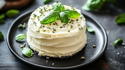 Moist cake topped with creamy frosting and fresh basil leaves- garnished with herbs on a rustic black plate- evoking a sense of gourmet elegance.