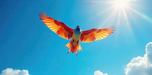Obraz premium A vibrant, colorful bird takes flight, wings outstretched against a bright blue sky, symbolizing the boundless feeling of freedom The image evokes a sense of liberation and joy , flying, open, escape