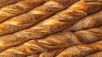 Cluster of freshly baked bread sticks sprinkled with seeds- arranged in a close-up shot that highlights their crunchy texture and golden color.
