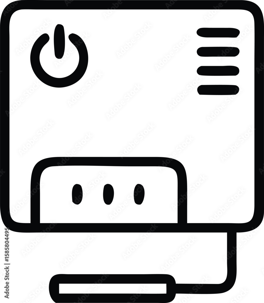 Poster outline drawing of electronic device with power button and plug connection