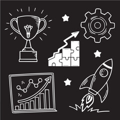  Business money sketch idea icon set. Hand drawn sketch elements for startup, project, goal and teamwork. Business graphic chart, rocket, growth marketing concept in chalkboard. Vector illustration.