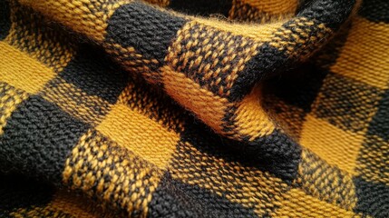 Close-up texture of a warm- checkered knitted wool fabric in mustard and black- ideal for cozy- autumnal themes in fashion and decor