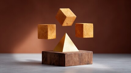 Geometric shapes a golden pyramid on a wooden base and floating textured cubes on a brown background
