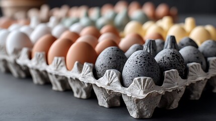 Obraz premium A close-up of various egg cartons lined up in rows, displaying farm-fresh eggs with a focus on organic and sustainable farming practices.