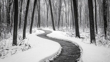 A winding path through a snowy- dense forest in winter- highlighting the serene- monochromatic beauty of nature in cold weather.