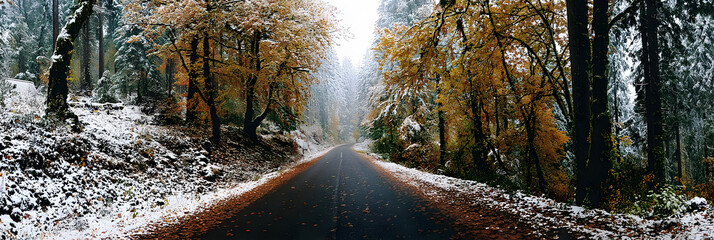 winter and autumn in one photo of the road