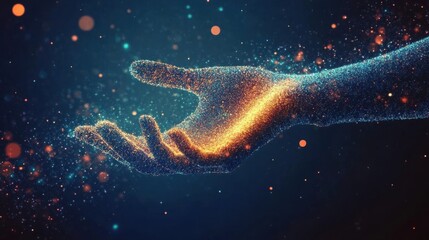 A digital representation of a hand made of sparkling particles reaching out- symbolizing technology- creativity- and innovation in a vibrant virtual space.