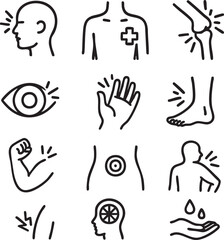A collection of simple, black and white line art icons representing various human body parts and ailments, perfect for medical or health-related design projects.