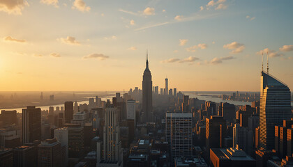 Fototapeta premium Golden Hour Over New York City A Stunning Skyline View, capturing the vibrant city lights and architecture bathed in warm sunlight during sunset.