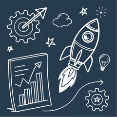  Business money sketch idea icon set. Hand drawn sketch elements for startup, project, goal and teamwork. Business graphic chart, rocket, growth marketing concept in chalkboard. Vector illustration