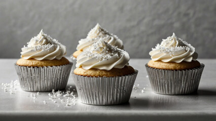 monochromatic cupcakes in all-white: white frosting, white sprinkles, white background, with only shadows and texture as contrast. Elegant and minimalist
